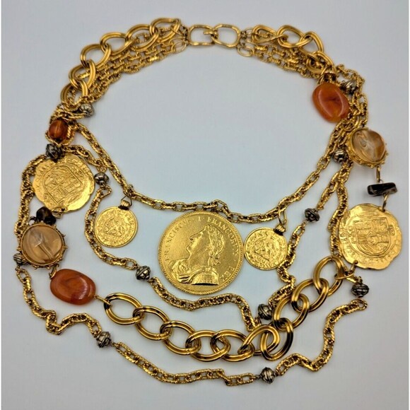 Vintage Les Bernard Gold Tone Multi Stand Coin Lucite Long Statement Necklace - Picture 2 of 16